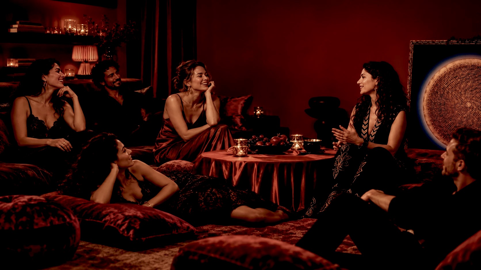 Muses lounging on velvet cushions in a candlelit red salon, laughing together